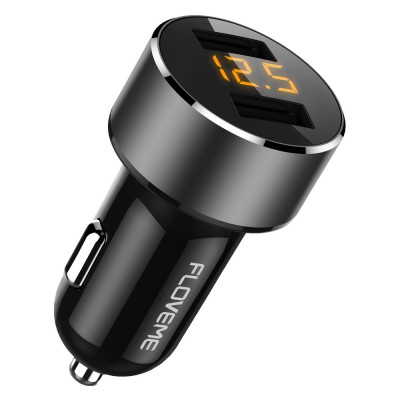 Free Shipping FLOVEME Aluminum Shell Mini Dual Port Usb Car Mobile Phone Charger With Led Display For Smartphones